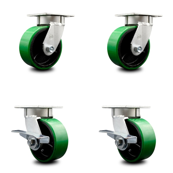 Service Caster 5 Inch Kingpinless Green Poly on Steel Wheel Swivel Caster Set with 2 Brakes SCC SCC-KP30S520-PUR-GB-2-SLB-2 - main